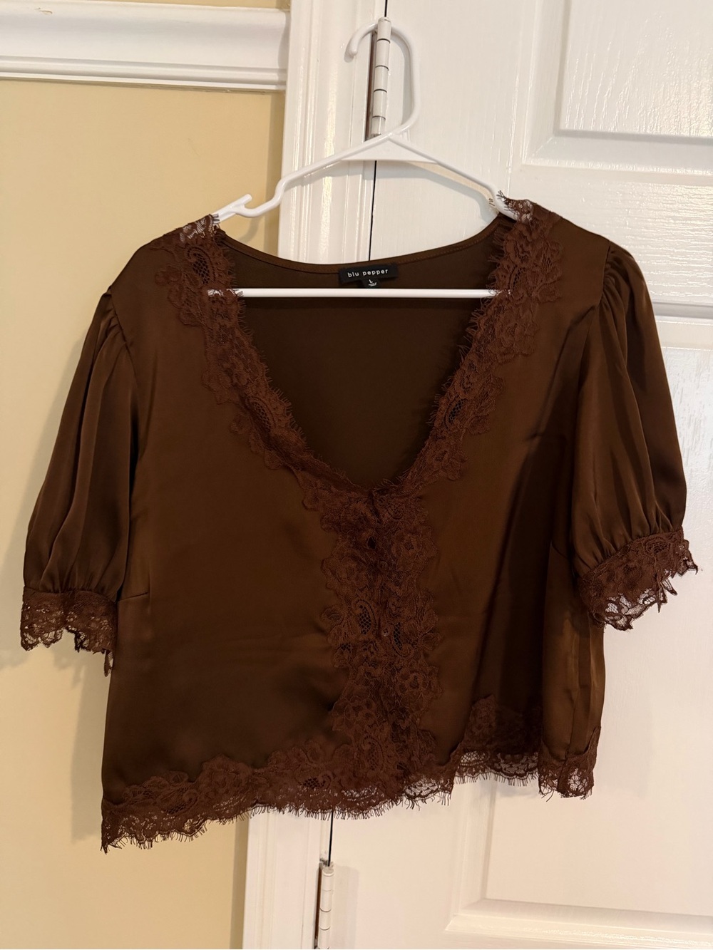 Blu Pepper Brown Satin Lace Trim Puff Sleeve Blouse Size L